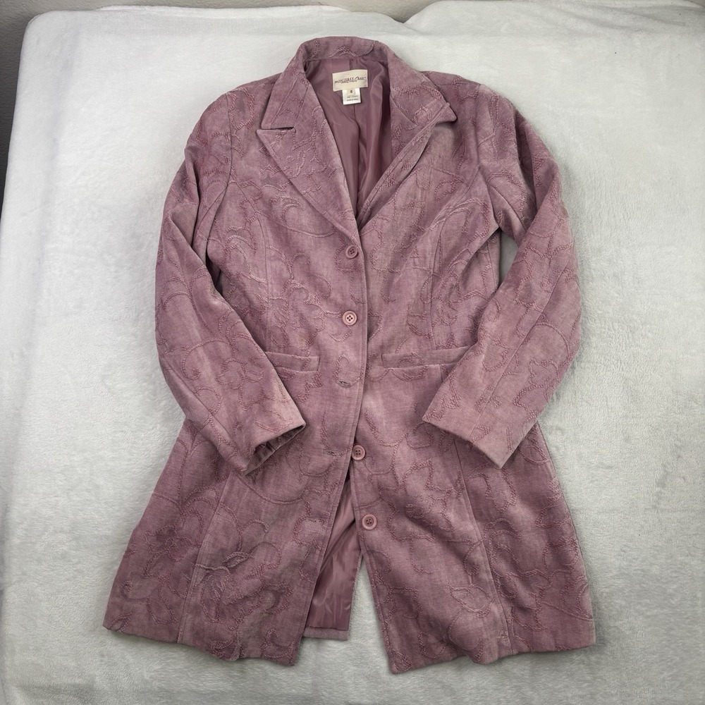 VTG Monterey Bay Floral Embroidered Pink Button UP Blazer Trench Jacket Women 6